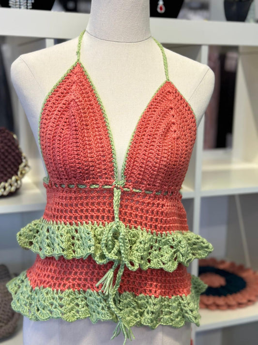 Crochet Top Coral Pistachio Green