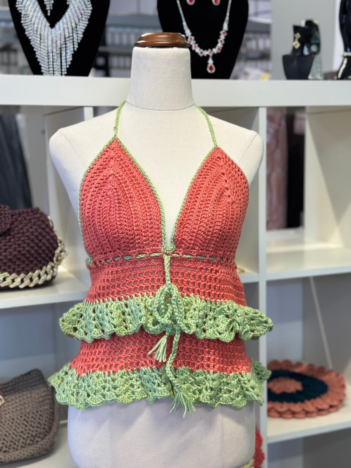 Crochet Top Coral Pistachio Green