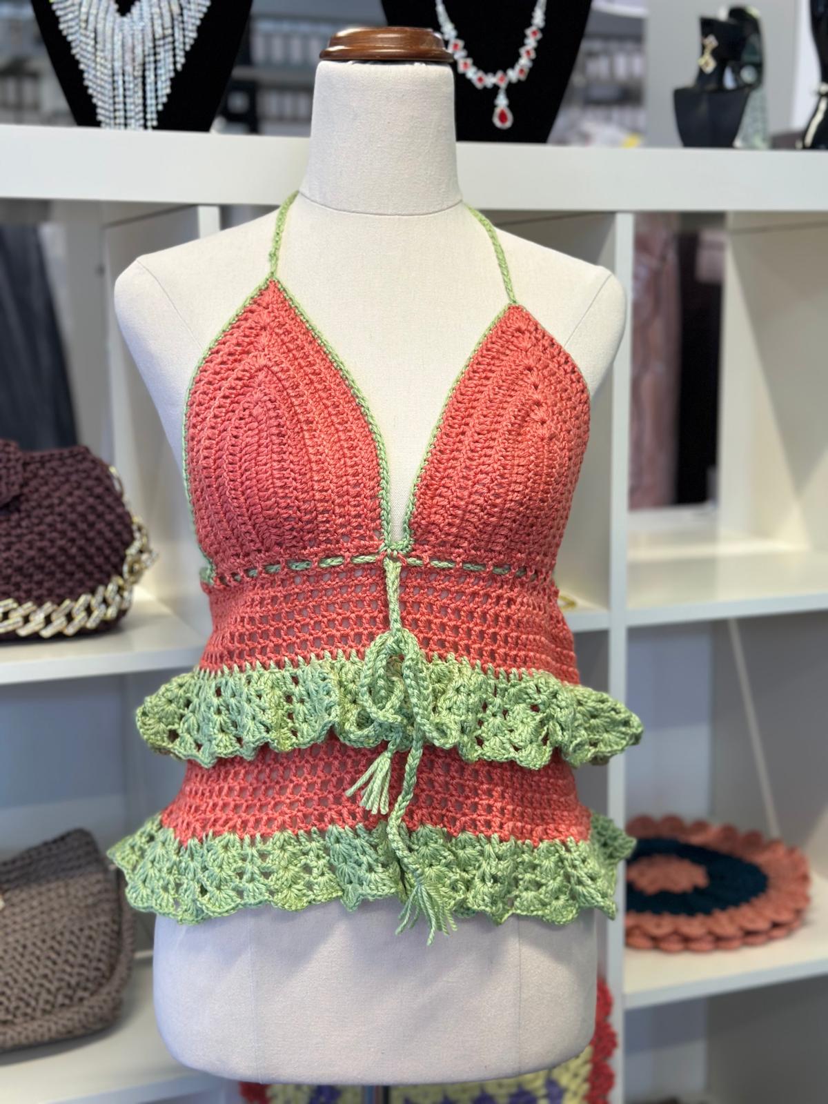 Crochet Top Coral Pistachio Green