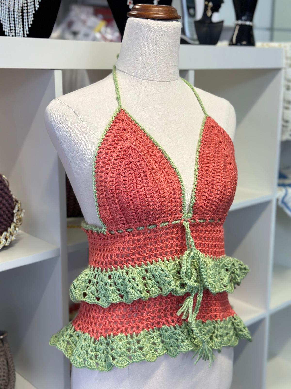 Crochet Top Coral Pistachio Green